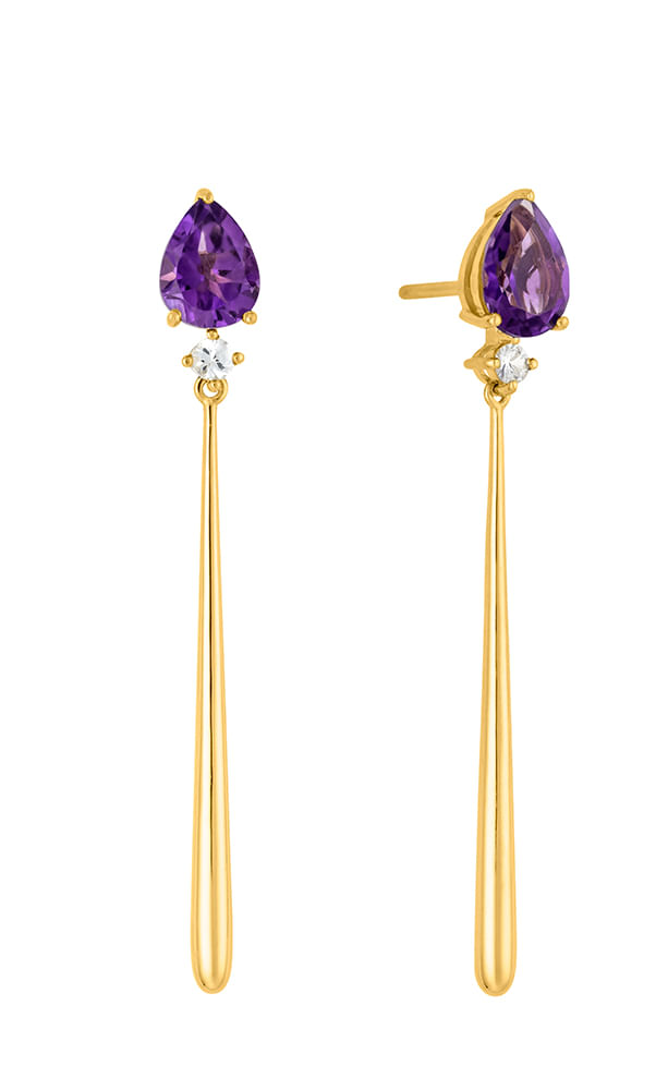 Brinco Longo em Ouro Amarelo 18k com Ametista e Safira Branca