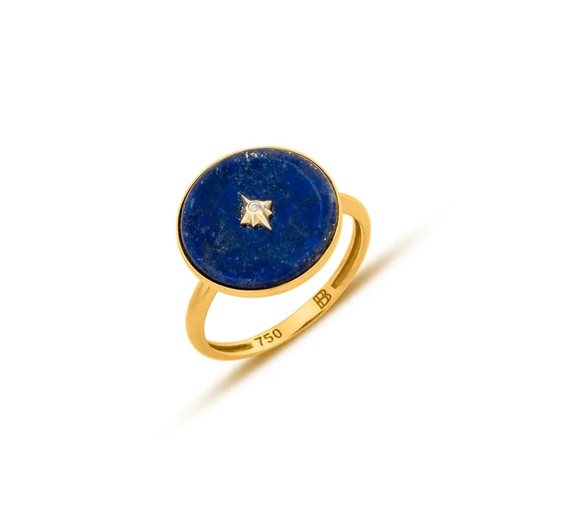 Anel em Ouro Amarelo 18k com Lápis Lazúli e Diamante